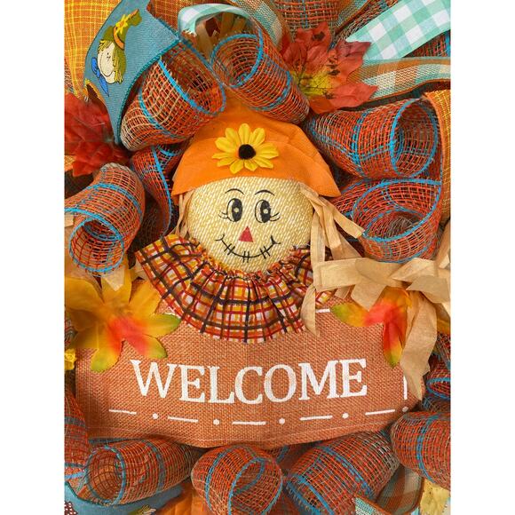 Adorable Fall Scarecrow Orange & Teal Blue Welcome Wreath Front Door Hanger - Picture 2 of 7